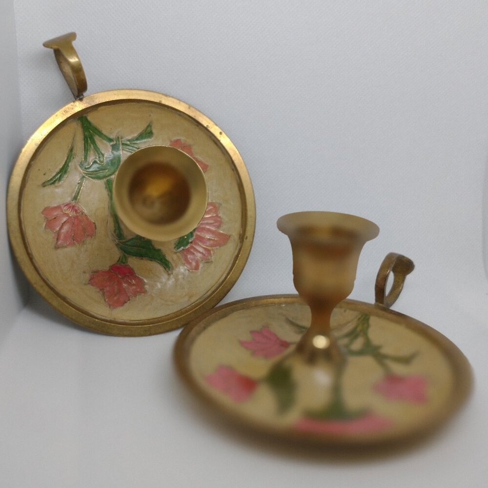 Set (2) Solid Brass Hand Painted Floral Candle Holders India Good Condition